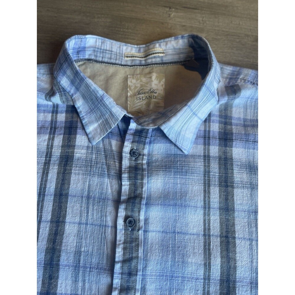 Tasso Elba Mens Blue Plaid 3XB Short Sleeve Linen  Cotton Blend Shirt Preowned